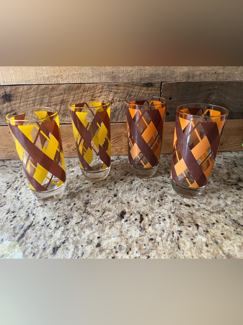 Vintage Libbey Mid-Century Glasses Set  Brown and Yellow/Orange Lattice Pattern
